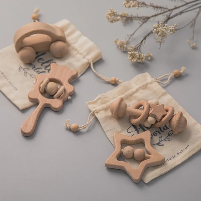 Jouets pour bébés, ensembles de hochets en bois, hochets en bois de hêtre, hochets à main pour la de