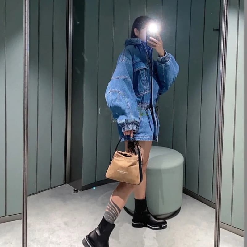 Veste en jean rembourrée mi-longue pour femme, style petit ami, taille élastique, col montant, sweat