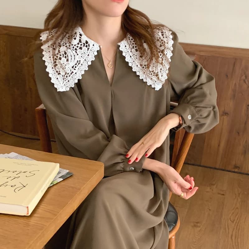 Robe longue en dentelle beige pour femme, pull à manches longues, robes maxi, col en V, droite, femm