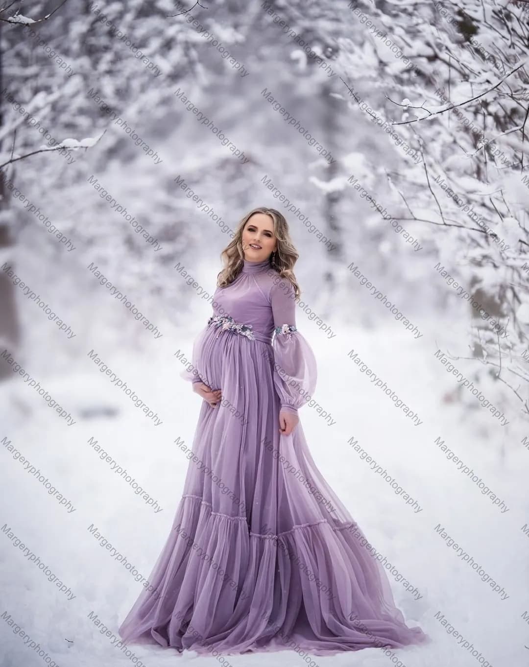 Robe Longue Drapée en Tulle pour Femme Enceinte, Tenue Élégante en Maille, Violet Clair, Col Haut, F