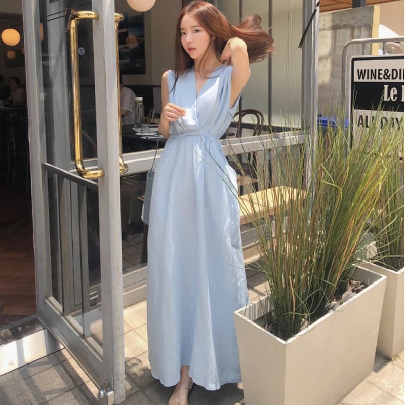 Robe d'été longue bleue pour femmes, col en V profond, taille haute, proximité, ceinture Wstring, li
