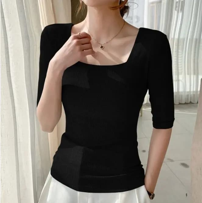 T-shirt manches mi-longues pour femmes, col carré, slim, en coton, solide, été, basique, haute élast