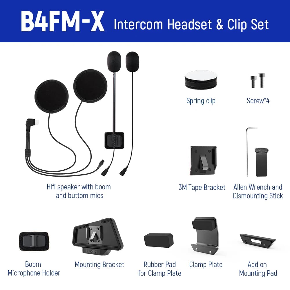 LEXIN LX-B4FM-X interphone casque et jeu de clips pour casque complet/demi avec prise Jack casque Bl