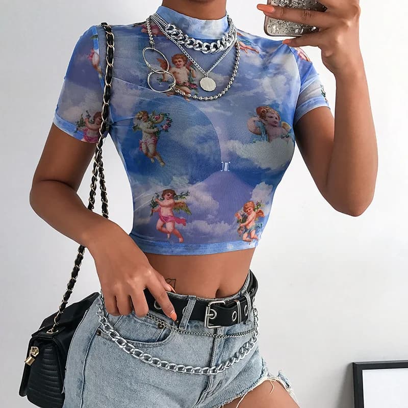 T-shirt manches courtes col montant femme, Streetwear, Harajuku, Sexy, à la mode, avec image d'ange 