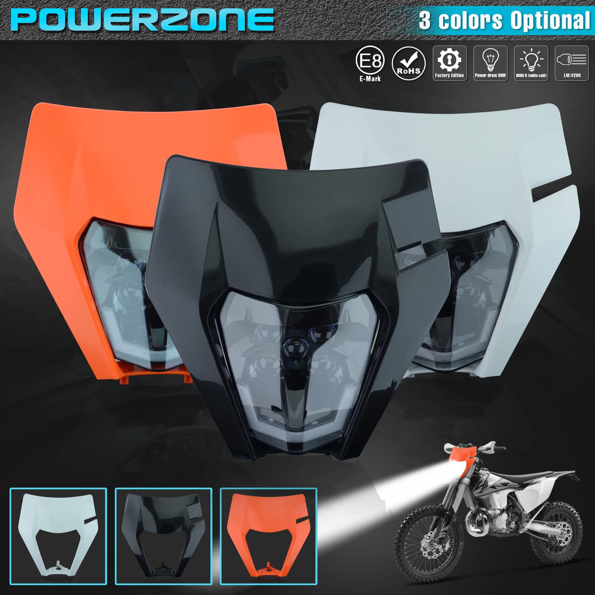 PowerZone moto phare LED phare phare Supermoto carénage pour KTM EXC SXF MX Dirt Bike Enduro phare L