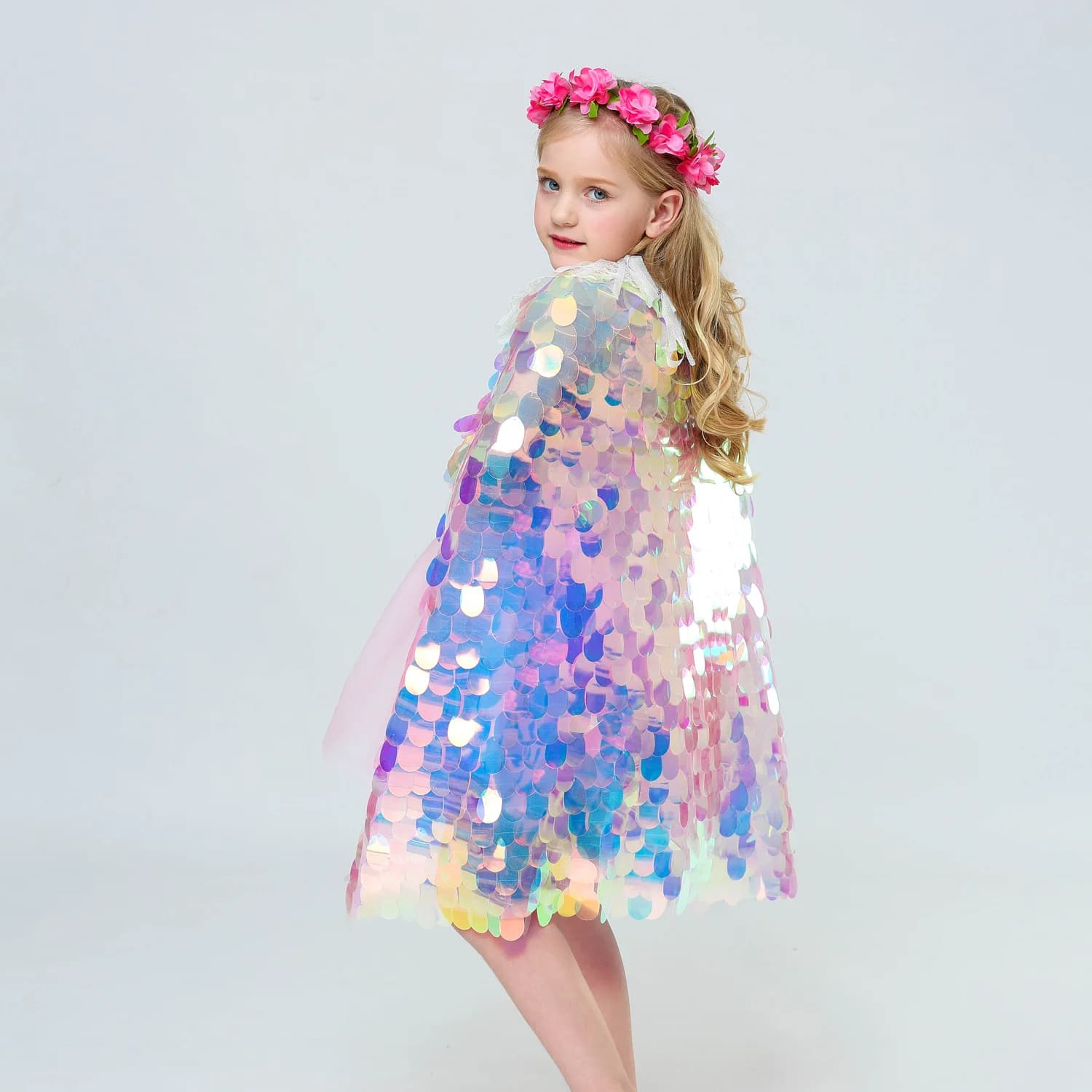 Cape à paillettes pour filles, petite sirène, vêtements de fête sur la plage, châle arc-en-ciel, Cos