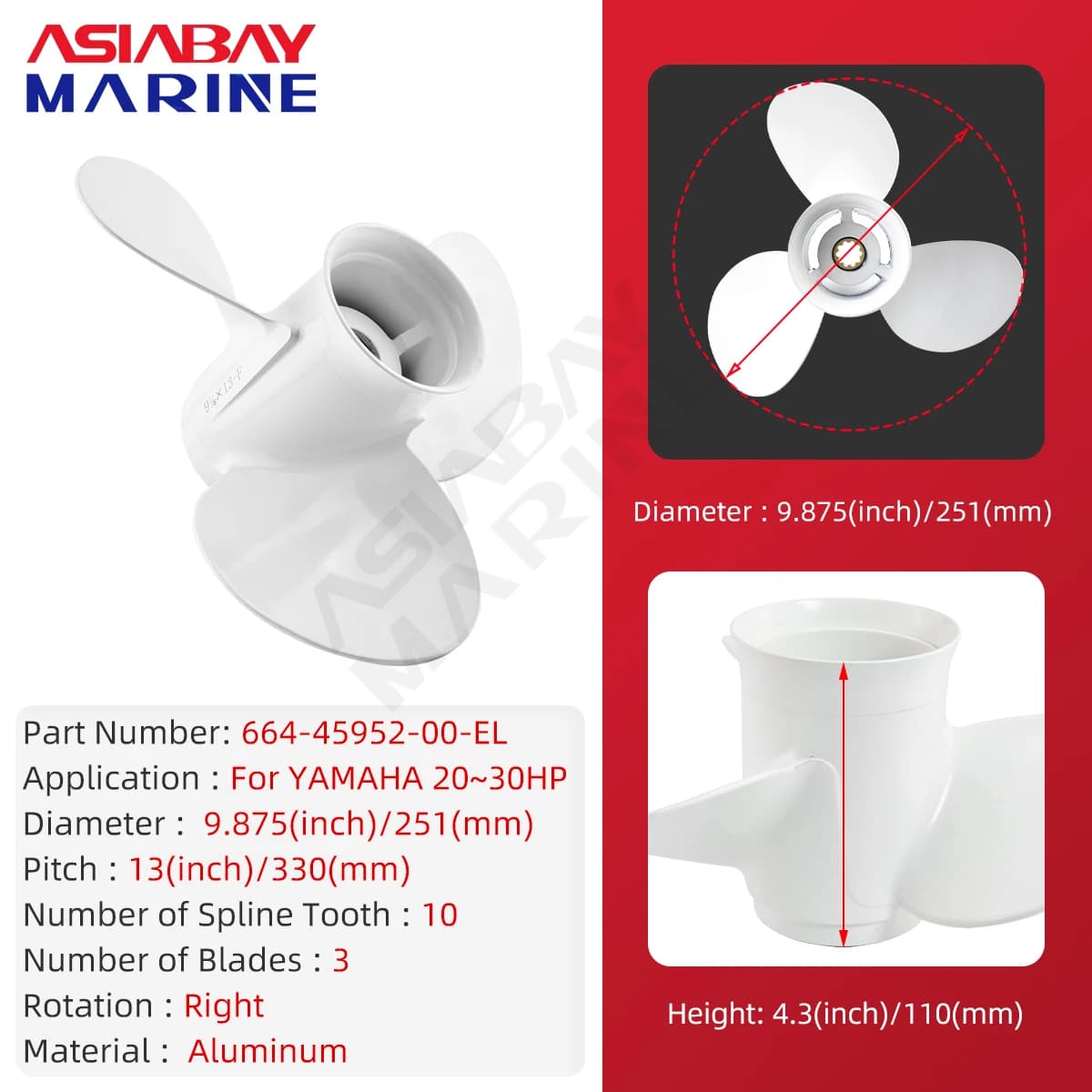 Hélice hors-bord pour Yamaha 20hp 25hp 30hp 9 7/8*13, moteur de bateau, vis en alliage d'aluminium, 