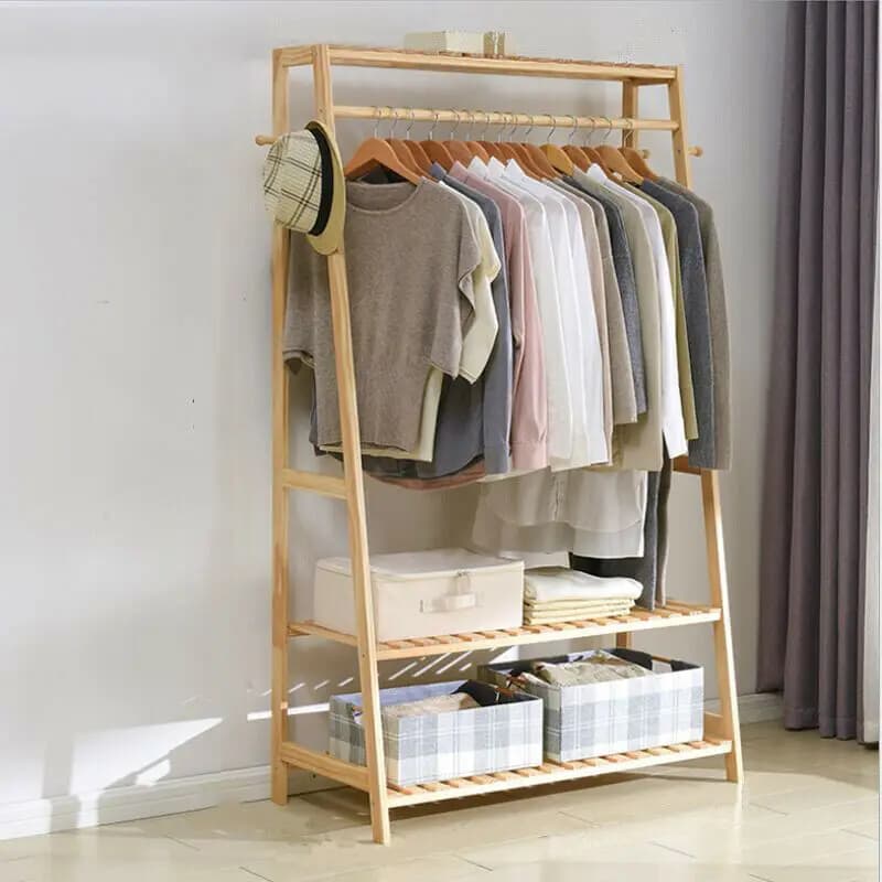 Étagères de rangement pour vêtements en bambou, manteau et vêtements, chaussures à 2 niveaux, assiet