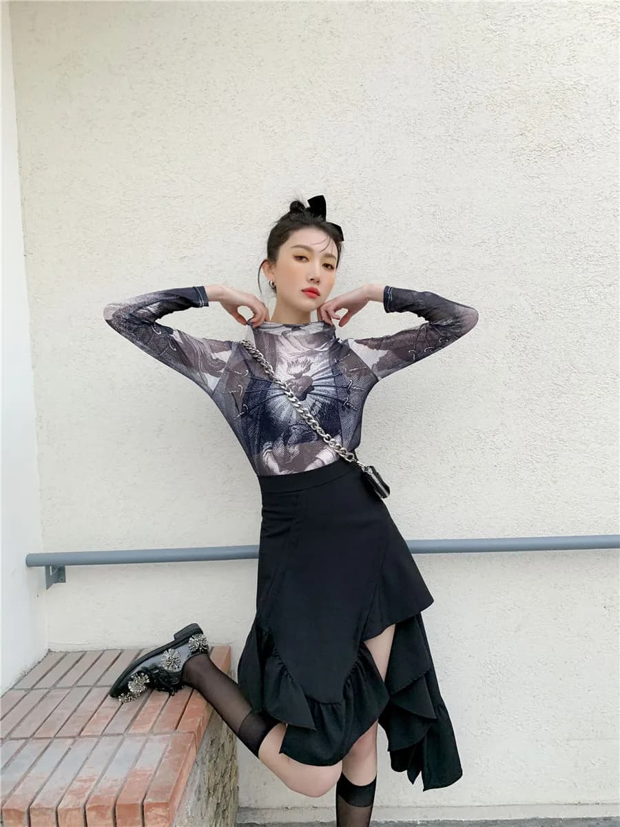 CHEERART Goth maille haut femmes tendance mode graphique t-shirts à manches longues col roulé voir à