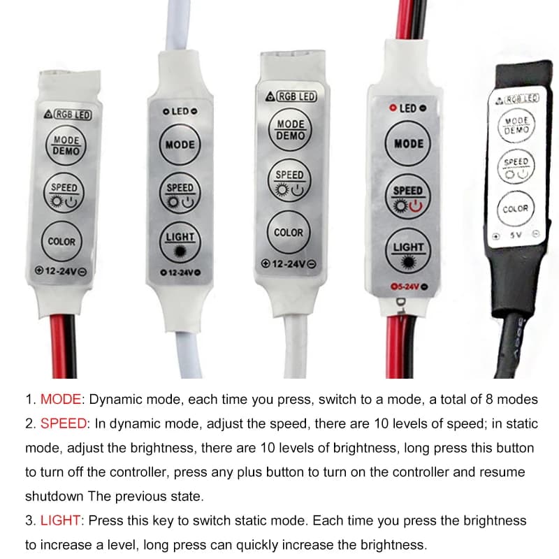 Mini contrôleur LED RGB à 3 touches, DC 5V-12V-24V, pilote de variateur couleur unique pour bande lu