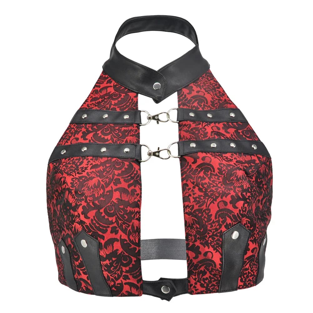 Haut gothique en Brocade et cuir noir pour femmes, vêtements Vintage, accessoires, Punk Rock, dos nu