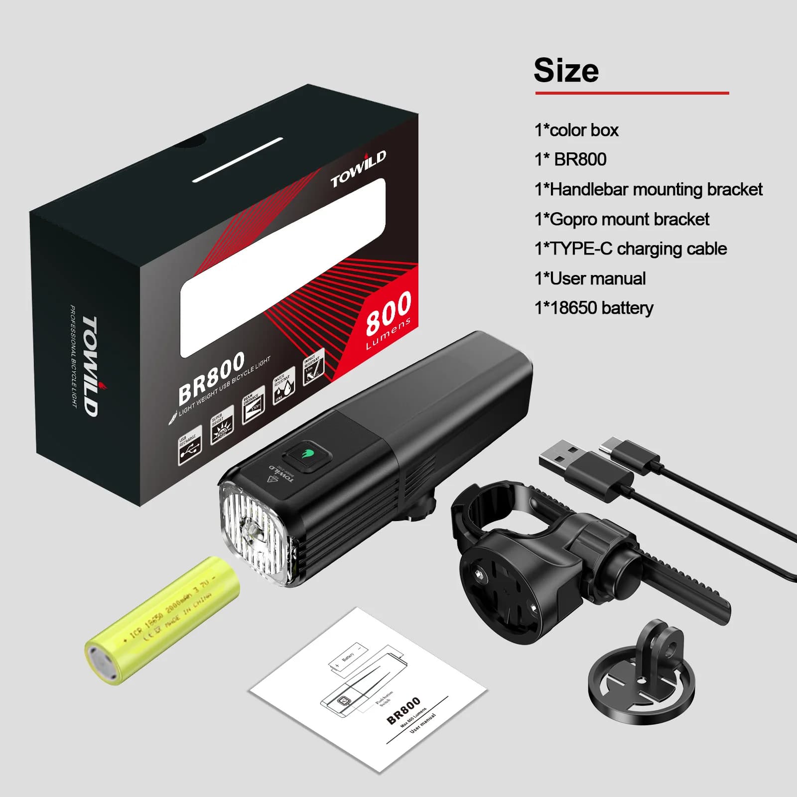 TOWILD – phare de vélo 800 lumens, torche anti-éblouissement, charge USB, équipement de cyclisme, BR