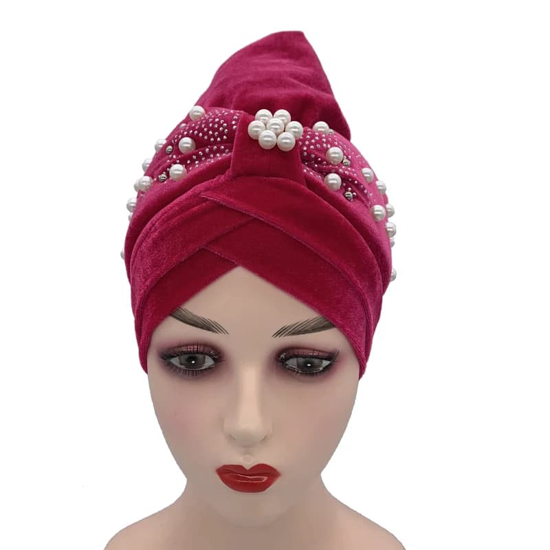 Bonnet turban en velours doux avec perles pour femmes, Hijab musulman, enveloppes de tête, vêtements