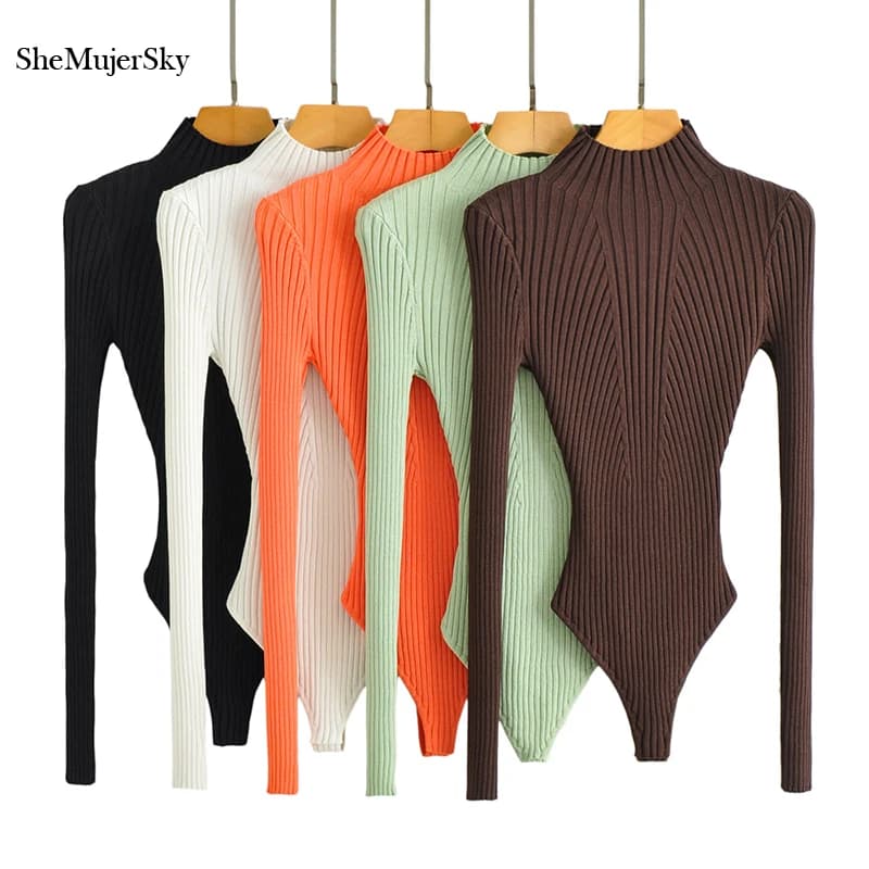 SheMujerSky femmes Sexy haute fente tricoté élastique mince body printemps automne col roulé combina