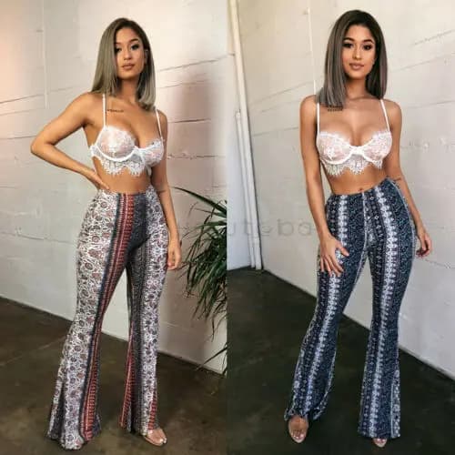 Rétro ChimSlim Casual Street Hiphelicopter Femmes Boho Imprimer Long Pantalon Taille Haute Évasé Jam