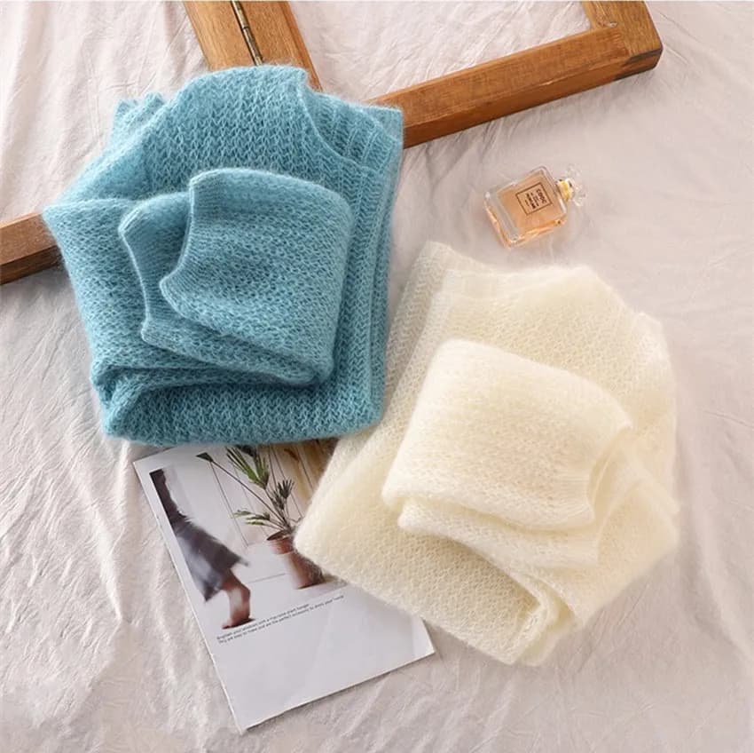 JSXDHK nouveau 2025 printemps automne Mohair bleu mince pull hauts mode femmes col rond tricoté évid