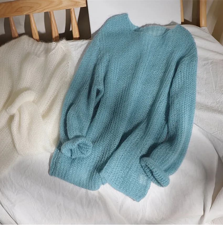JSXDHK nouveau 2025 printemps automne Mohair bleu mince pull hauts mode femmes col rond tricoté évid