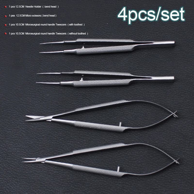 Nouveau 4 pièces/ensemble instruments microchirurgicaux ophtalmiques 12.5cm ciseaux + porte-aiguille