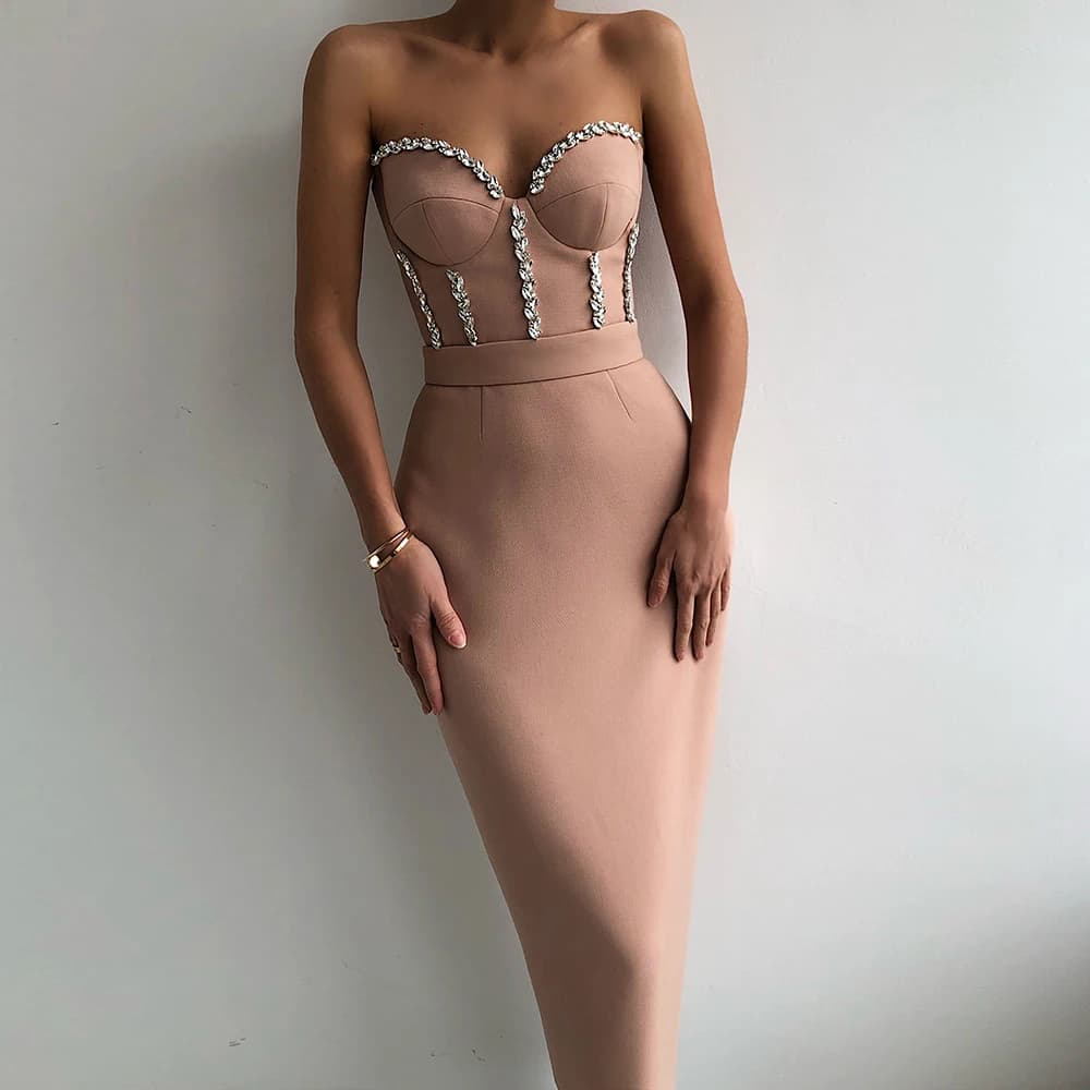 Robe mi-longue à bandes, Sexy, sans bretelles, moulante, élégante, avec perles, pour soirée, boîte d