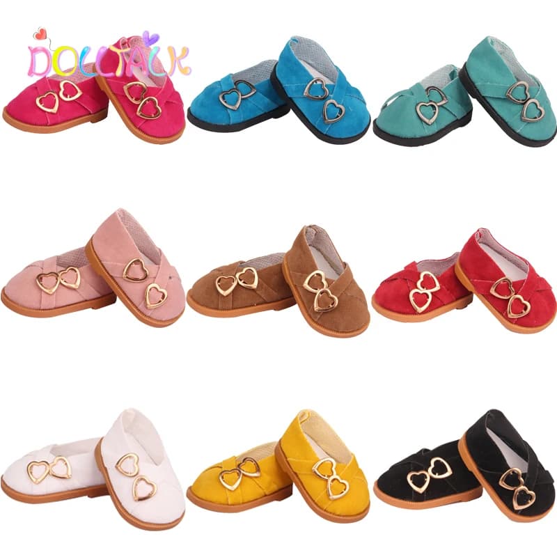 Chaussures de poupée en cuir pour fille américaine, 7 cm, 18 pouces, Double cœurs, bottes pour bébé 