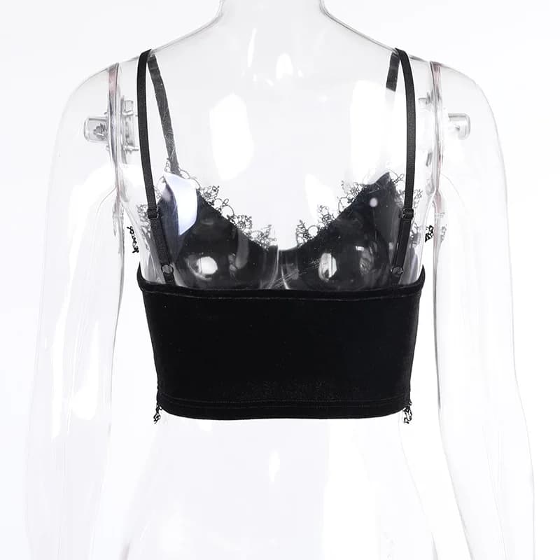 Hauts courts en velours pour femmes, garniture en dentelle noire, alternative Emo, hauts courts esth