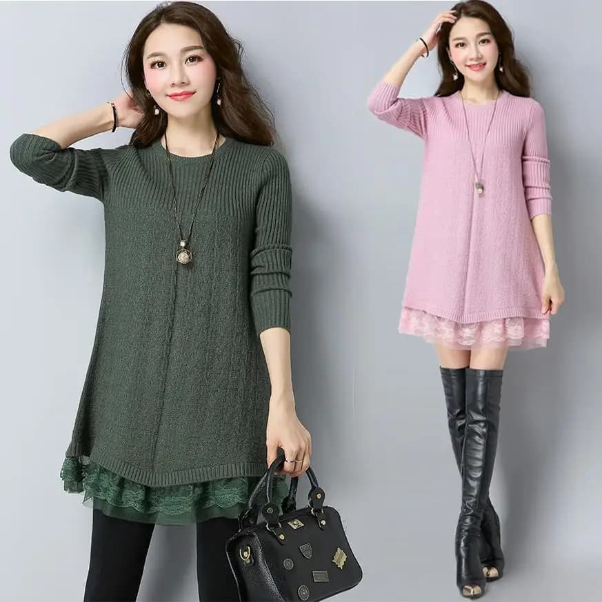 Robe pull à coutures en dentelle pour femmes, pulls à manches longues, pulls tricotés pour femmes, m