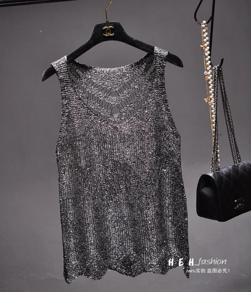 Paillettes Sexy évider soie légère Condole ceinture gilet or sans manches tricot manteau haut Mujer 