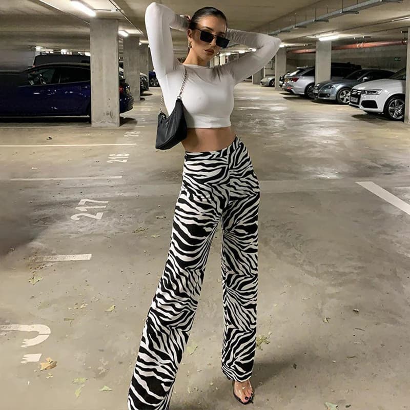 ZZSYKD-Pantalon Imprimé Zèbre pour Femme, Taille Haute, Jambes Larges, Long Fjadt, Mode Décontractée