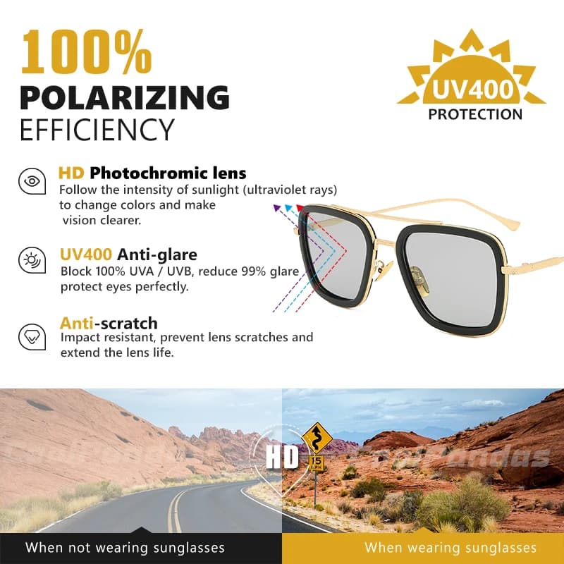 Top qualité Tony Stark carré lunettes de soleil photochromique polarisé hommes lunettes Steampunk lu