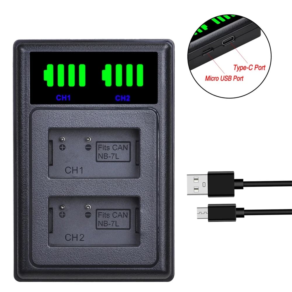 Batterie NB-7L NB7L 1800mAh + double chargeur LED, Port de Type C pour appareil photo numérique Cano