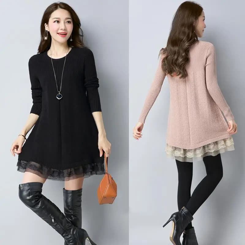 Robe pull à coutures en dentelle pour femmes, pulls à manches longues, pulls tricotés pour femmes, m