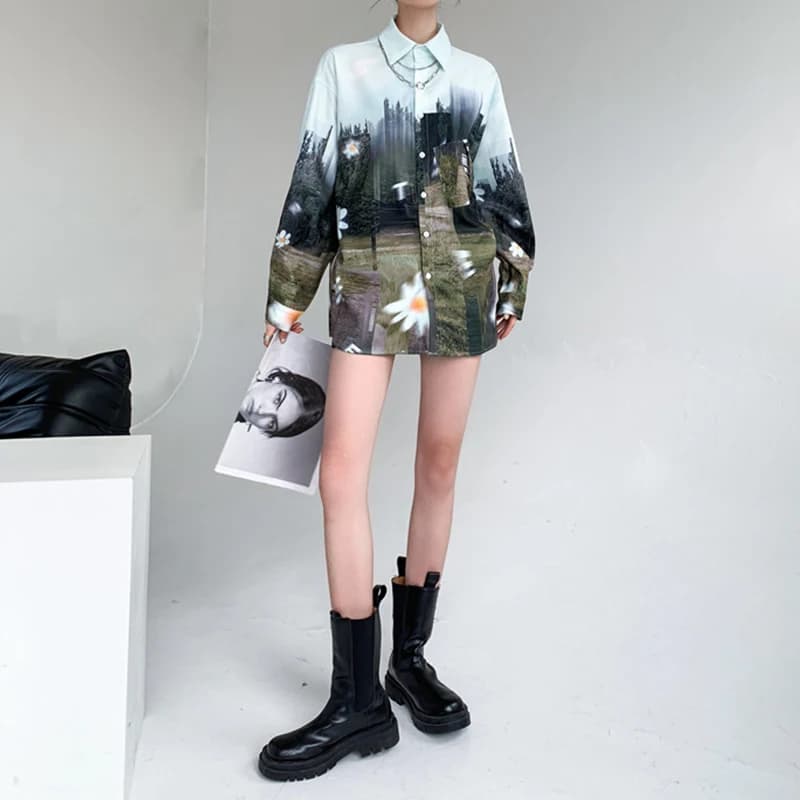 Chemisiers surdimensionnés à manches longues pour femmes, chemises imprimées à l'huile, Streetwear p