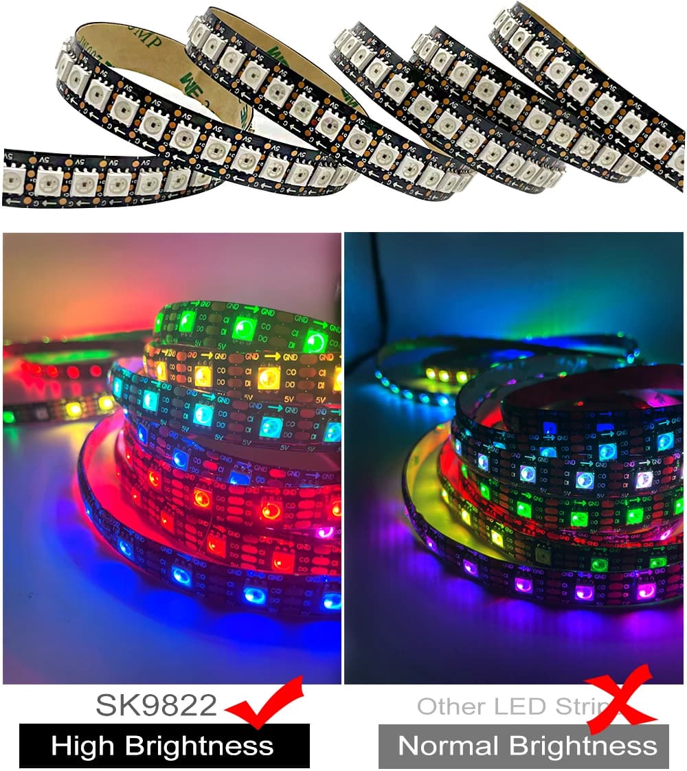 5 m/rouleau DC5V SMD APA102 SK9822 30/60/144 LED/m données et horloge adressable séparément bande de