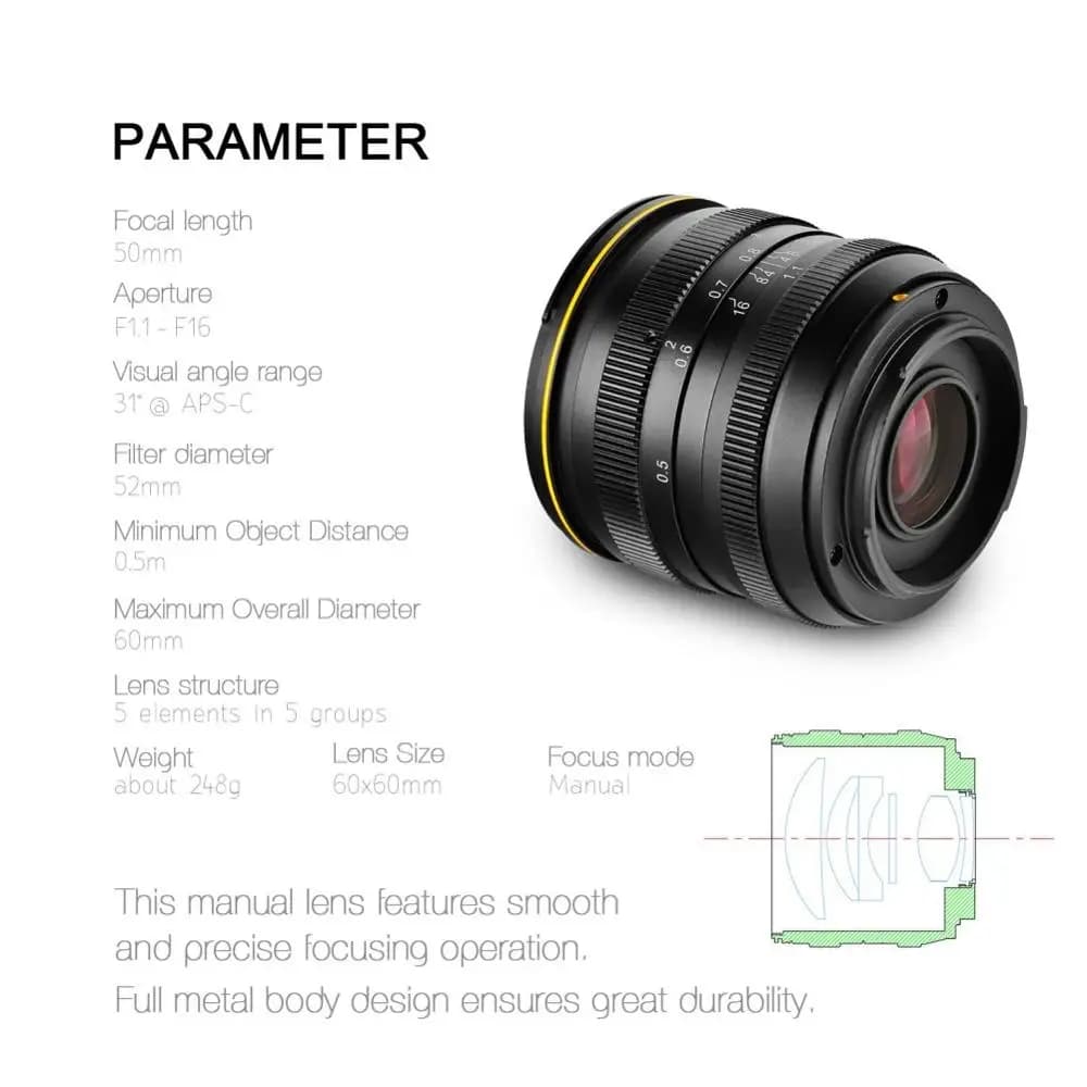 Kamlan 50mm f1.1APS-C objectif de mise au point manuelle à grande ouverture pour appareils photo san