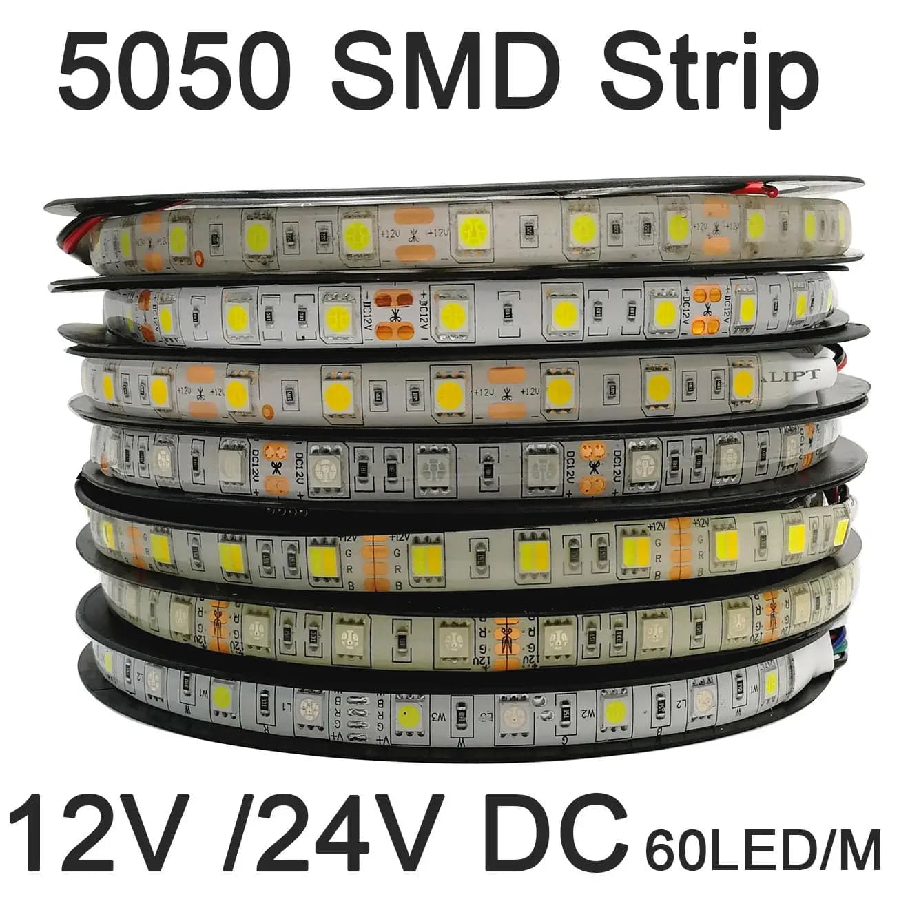 Bande LED SMD 5050, 5m, 12V, 24V, 60 diodes/m, éclairage de décoration Flexible, IP20 IP65, étanche,