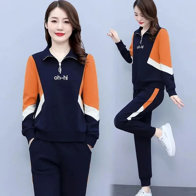 Survêtement patchwork à col montant pour femme, grande taille, 80kg, ensemble 2 pièces, sweat-shirt 