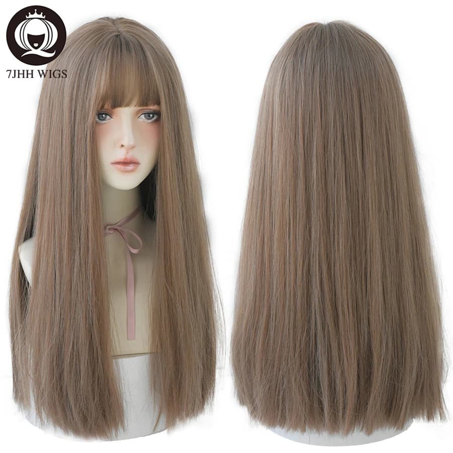 7JHHWIGS – perruques synthétiques longues et lisses marron clair avec frange pour femmes, résistante