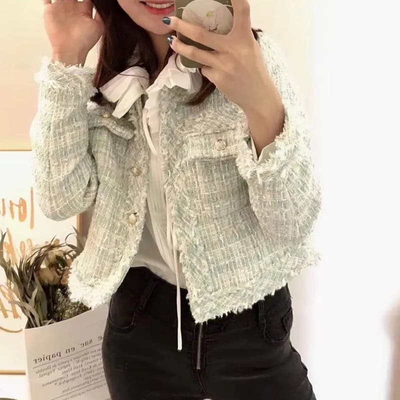SMTHMA-Veste en Laine Tweed Vintage pour Femme, Manteau Chic Coréen, Simple Boutonnage, Plaid, Gland