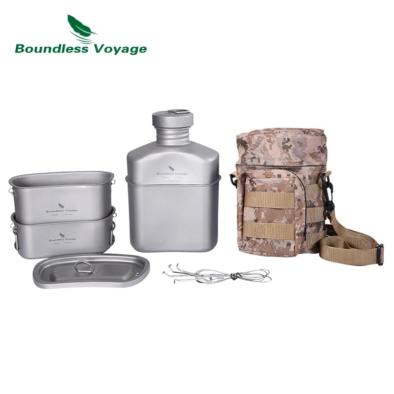 Boundless Voyage-Cantine militaire en titane, ensemble de cuisine standard, bouteille d'eau, bol, bo