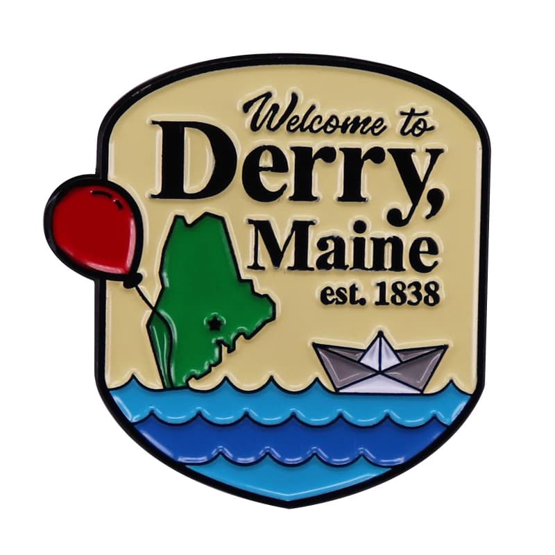 Enseigne de film en émail, badge pin, bienvenue à Derry, mine, Pennywise IT