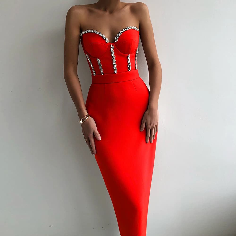 Robe mi-longue à bandes, Sexy, sans bretelles, moulante, élégante, avec perles, pour soirée, boîte d