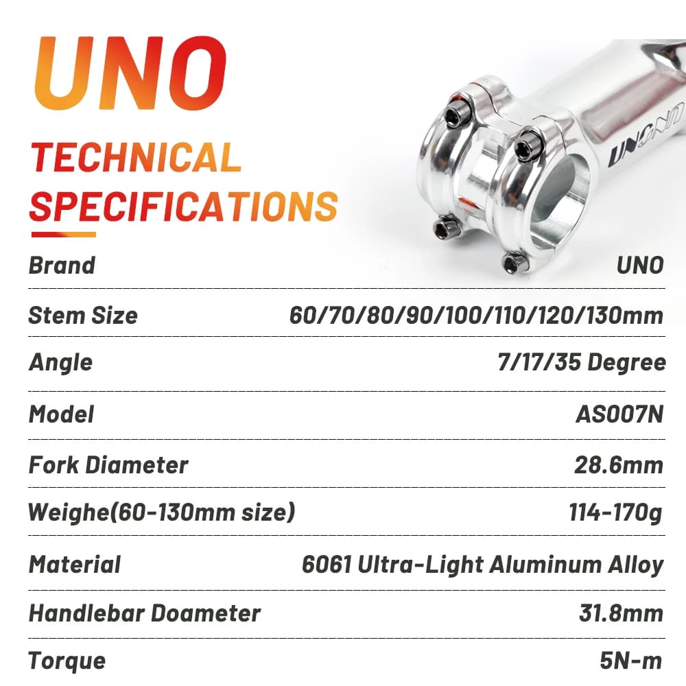 UNO tige de vélo Ultra légère argent 7/17/35 degrés 60 / 70 / 90 / 110 / 120 / 130mm vtt poignée de 