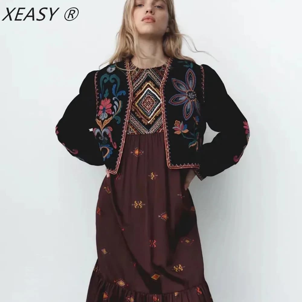 XESAY – veste d'hiver pour femme, manteau brodé, manches longues, col rond, Vintage, point ouvert, d