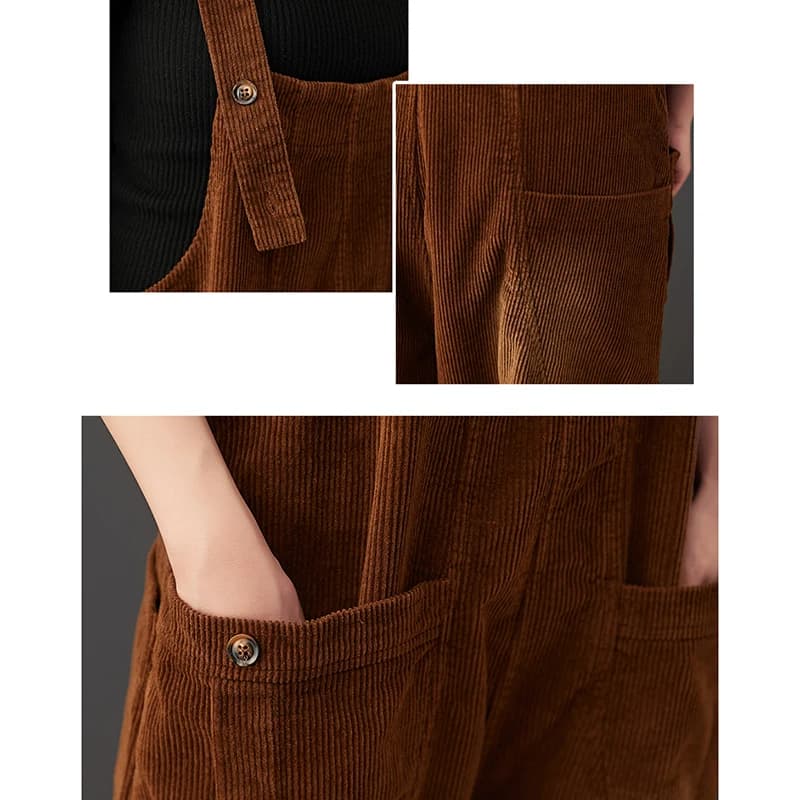 Salopette en Velours Côtelé pour Femme, Streetwear à la Mode, Grande Taille, Poches Solides, Jambes 