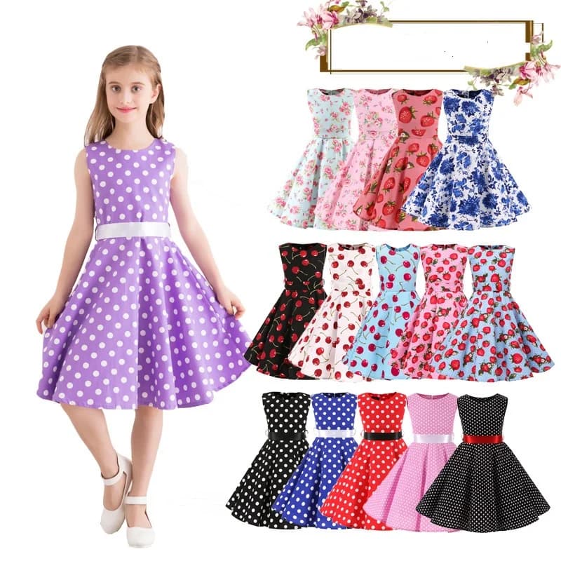 Robes en coton à pois vintage rétro pour filles, robes trapèze, jupe plissée, longueur genou, robe d