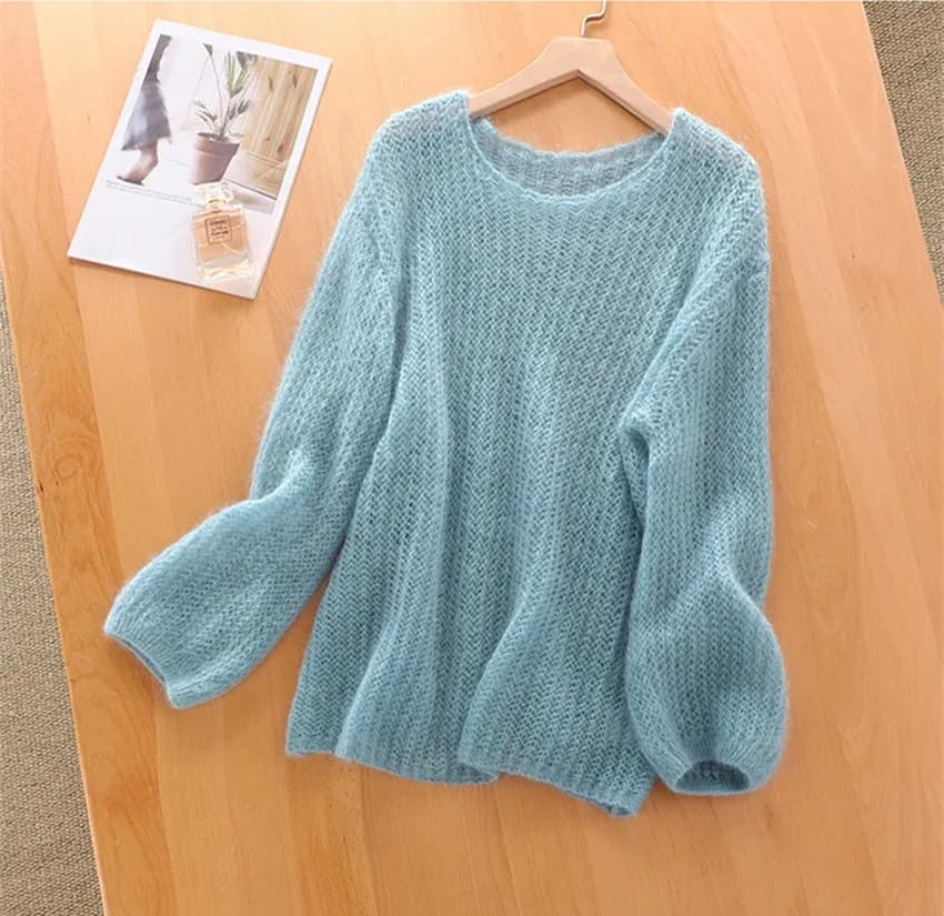 JSXDHK nouveau 2025 printemps automne Mohair bleu mince pull hauts mode femmes col rond tricoté évid