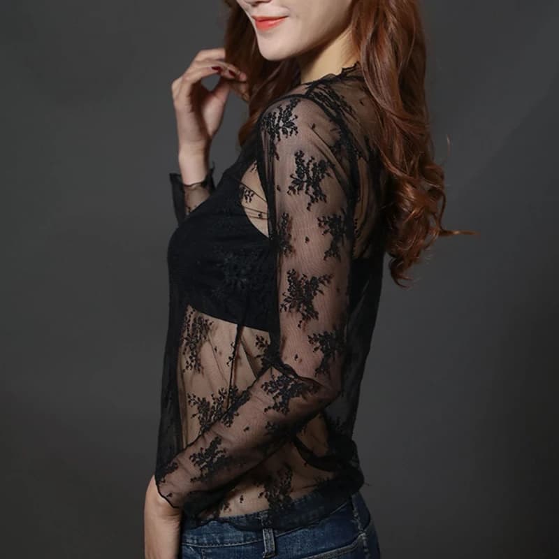 2021 mode femmes Sexy à manches longues voir à travers maille résille haut décontracté T-Shirt pure 