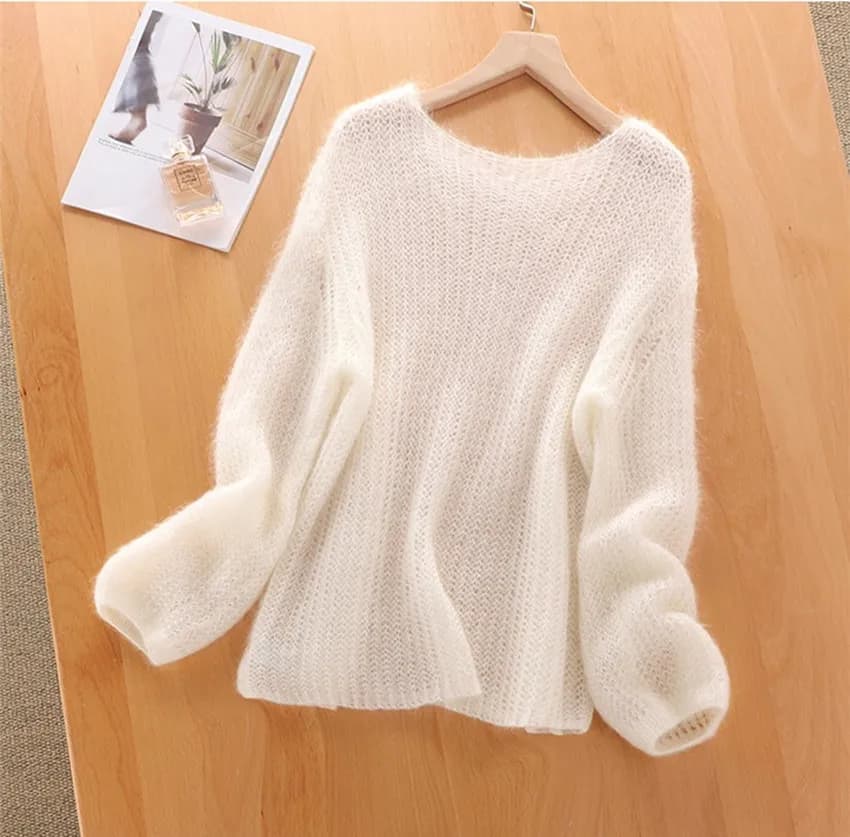 JSXDHK nouveau 2025 printemps automne Mohair bleu mince pull hauts mode femmes col rond tricoté évid