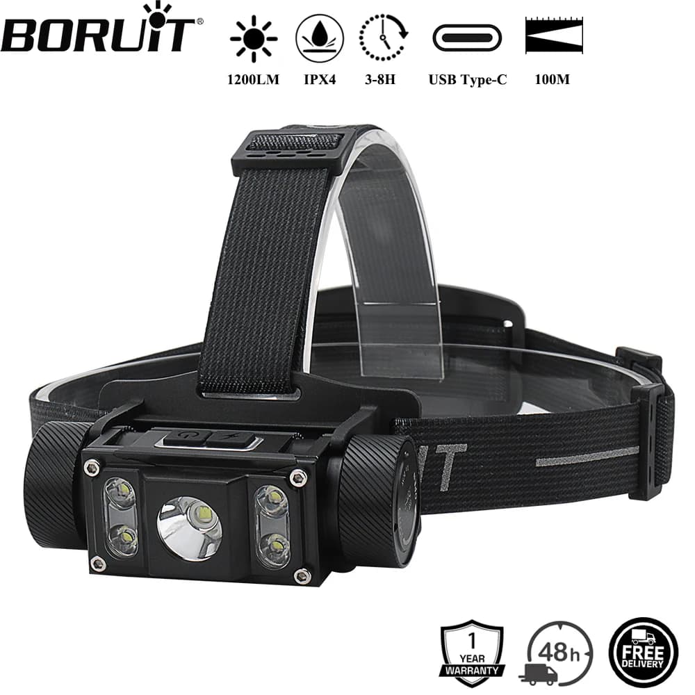 BORUiT B50 1200LM LED phare puissant TYPE-C Rechargeable 21700 batterie phare étanche pêche Camping 