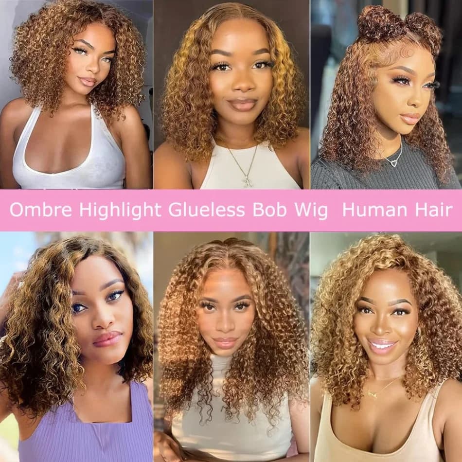 Perruque Bob Ombrée en Cheveux Humains Bouclés Courts, Perruque à Fermeture en Dentelle HD 5x5, Blon